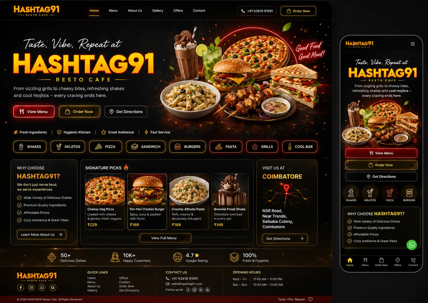 HASHTAG91 website design with food and mobile view